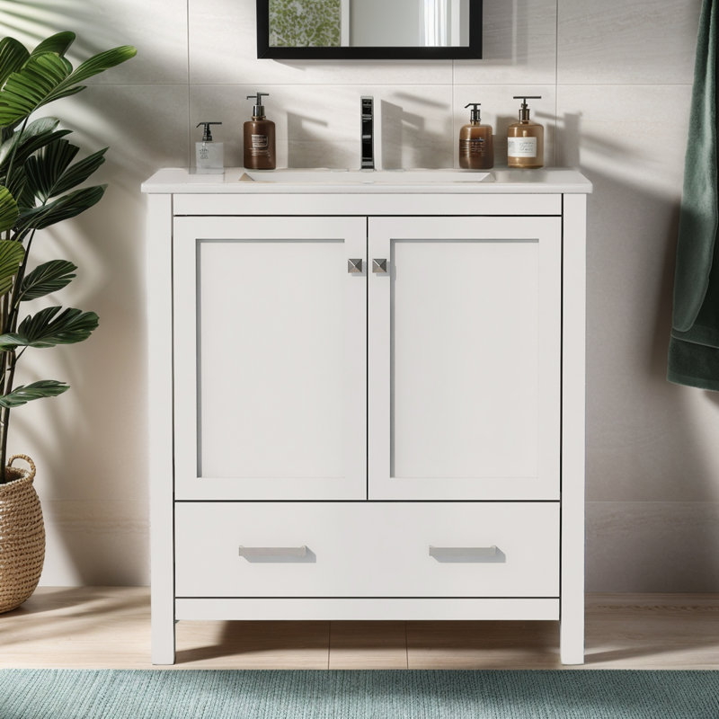 30" Modern Simple Design Bathroom Vanity, White, Silver