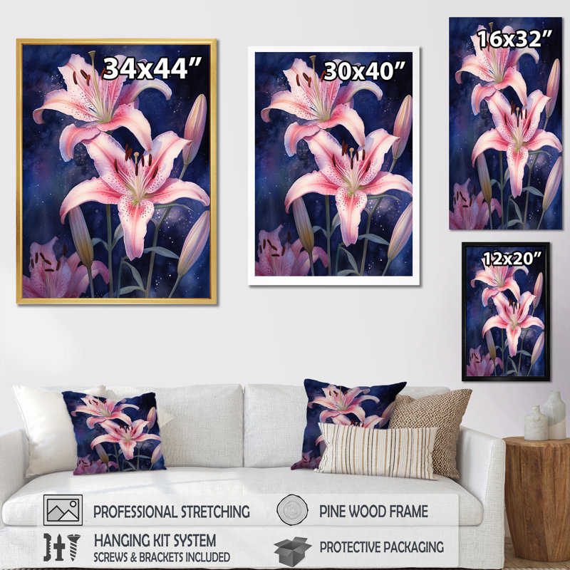 Pétales de lis roses et bleus sur toile, H 44 po x l 34 po x P 1,5 po, Cadre doré simple