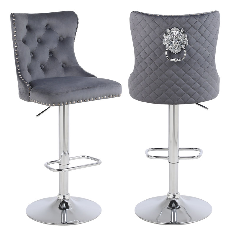 Swivel Upholstered Adjustable Height Counter Stool with Metal Frame, Silver, Gray