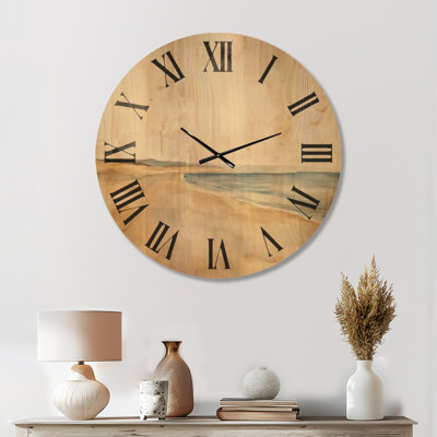  Grande horloge murale côtière - horizon de plage neutre, imprimé sur bois