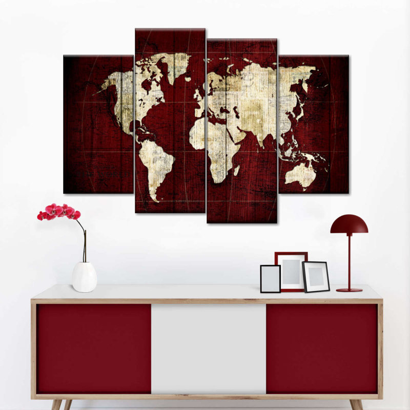 Carte du monde en blanc sur une carte du monde en rouge 4 pièces, H 42 po x l 68 po