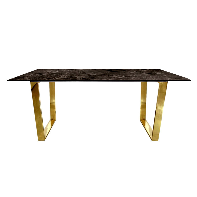Motilal Rectangular Faux Marble Top Dining Table with Steel Base, 75"H x 180"L x 90"W, Brown, Gold