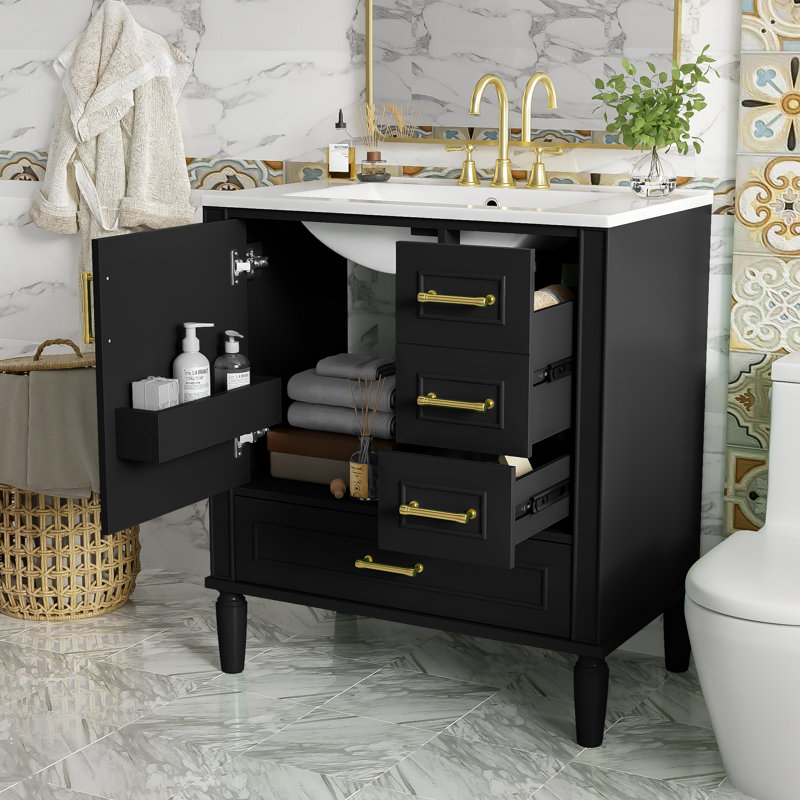 30-Inch Ceramic Bathroom Vanity, Soft-Close Door and 3 Drawers, Overflow Drain Design, Floor Standing, For Small Space, Black