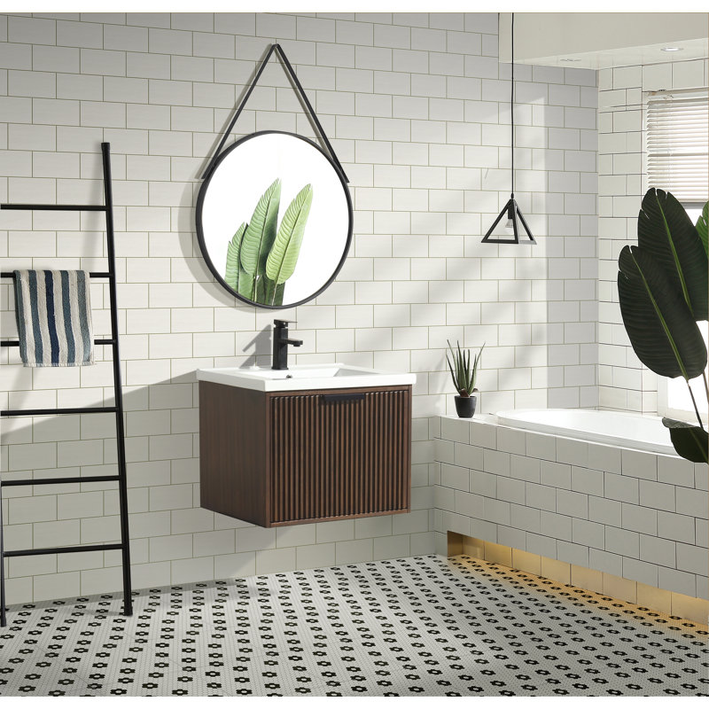 San Diego 24'' Walnut Wall-Mount Bathroom Vanity with Ceramic Sink