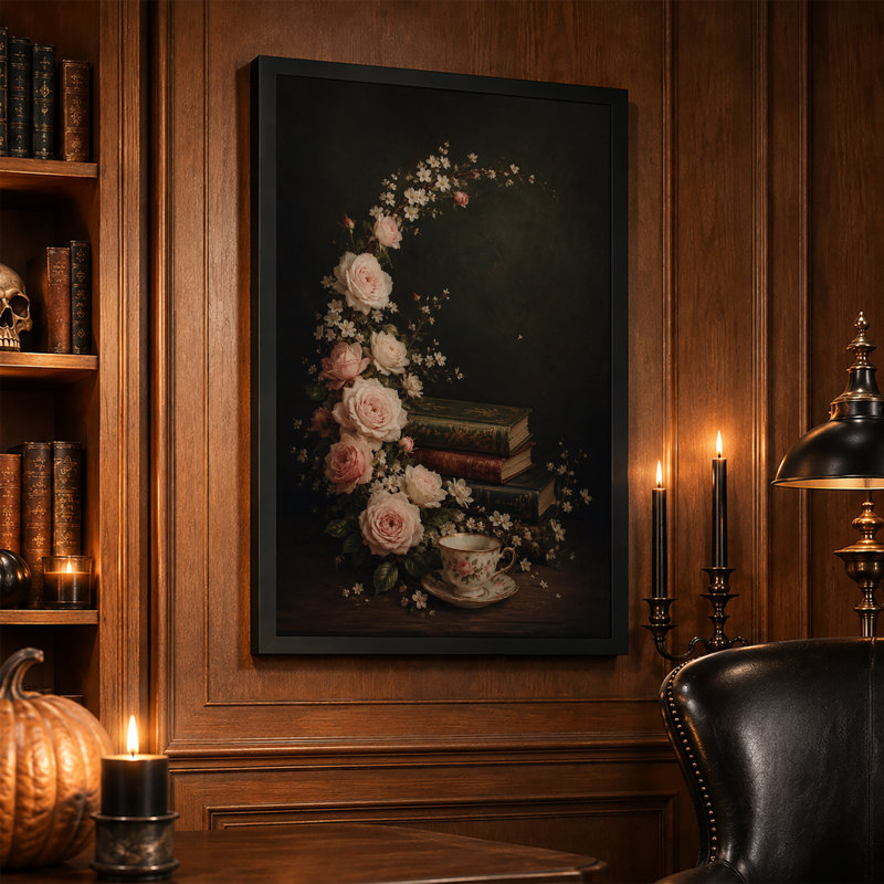 Roses roses et livres rétro avec porcelaine, art d'Halloween sur toile, H 18 po x l 12 po