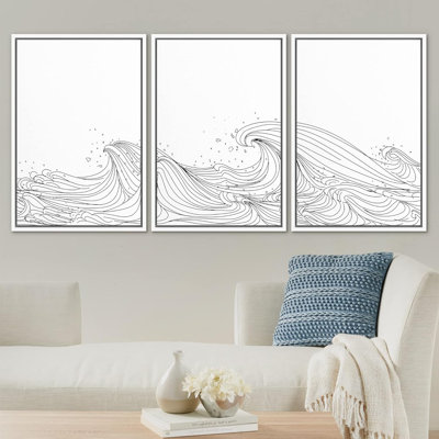 Beach And Waves " Curly Black and White Ocean Waves Nautical Seascape Minimalist Neutral Decor Modern Art " 3 Piece Art Print