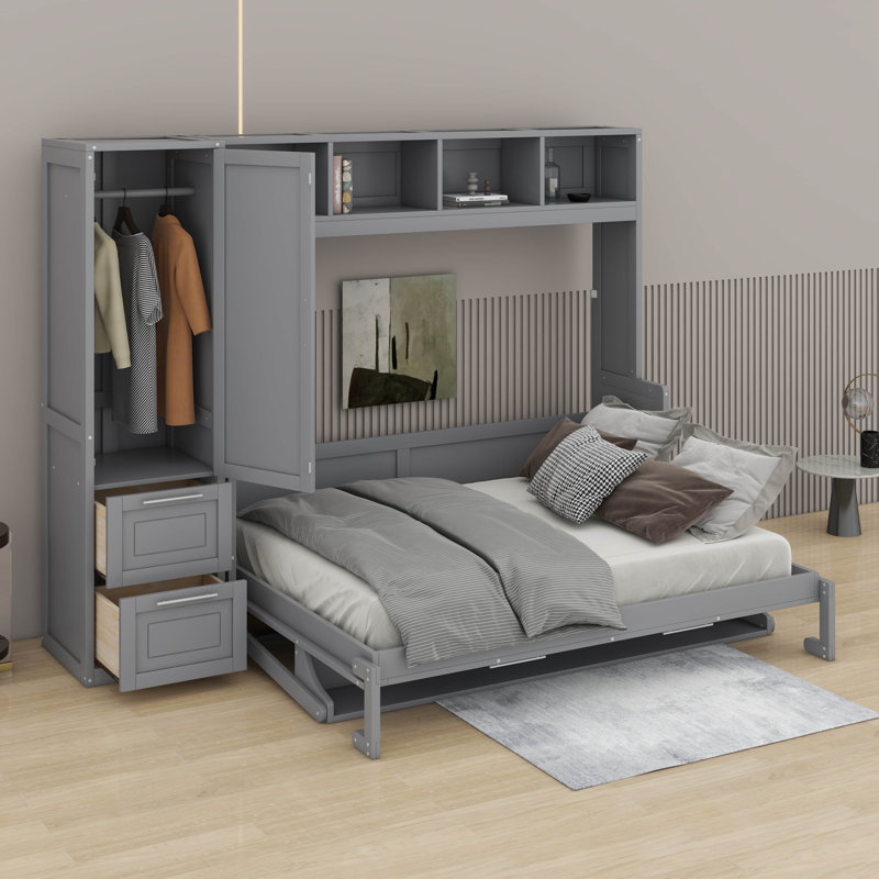 Grand lit escamotable avec placard et tiroirs, gris