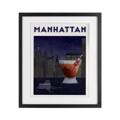 Retro Manhattan Cocktail Cityscape Framed Print Under Glass, design by Brett Blumenthal
