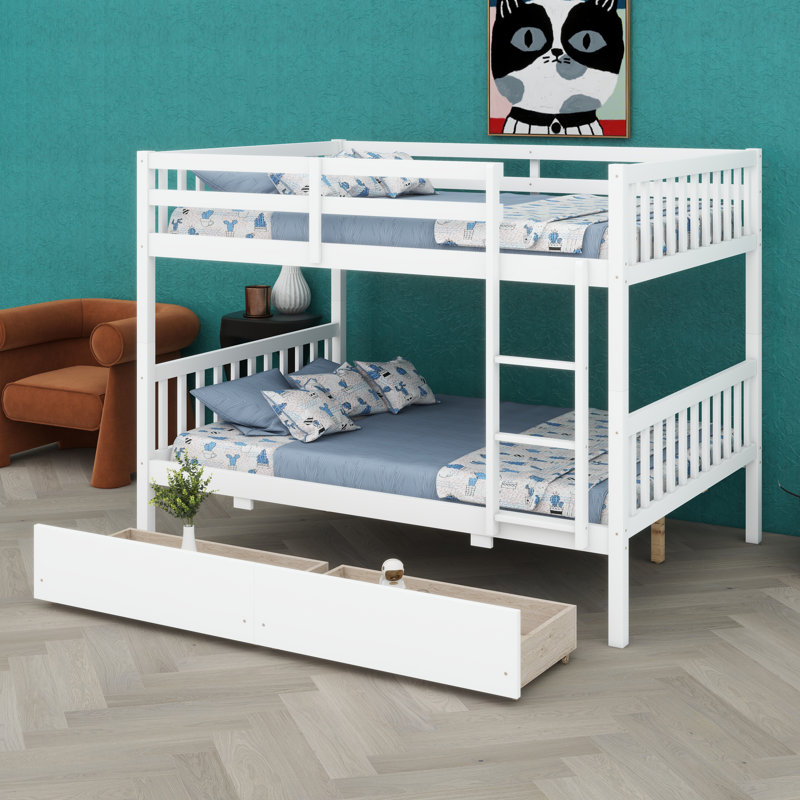 Lit superposé multifonctionnel avec tiroirs intégrés, échelle robuste et lit double convertible, Blanc