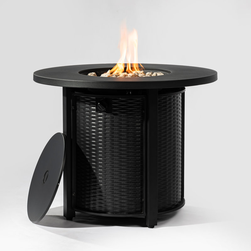 Foyer de table d'extérieur au propane rond 32 po W 50000BTU avec baies en osier pour espace de réservoir de gaz caché et couvercle
