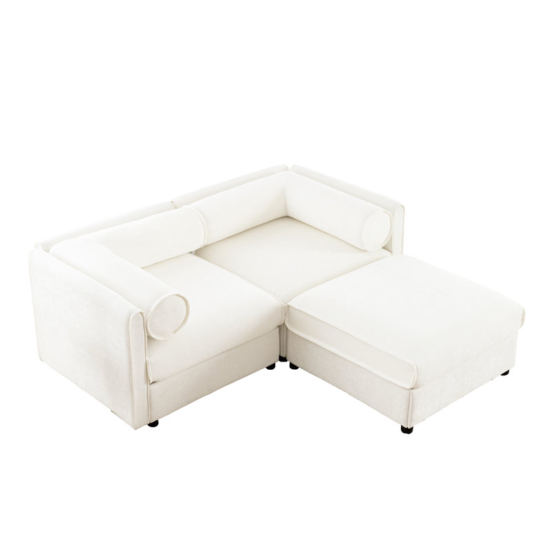 Eliezer 2-Seater Chenille Sectional Sofa with Ottoman, Chenille blanche