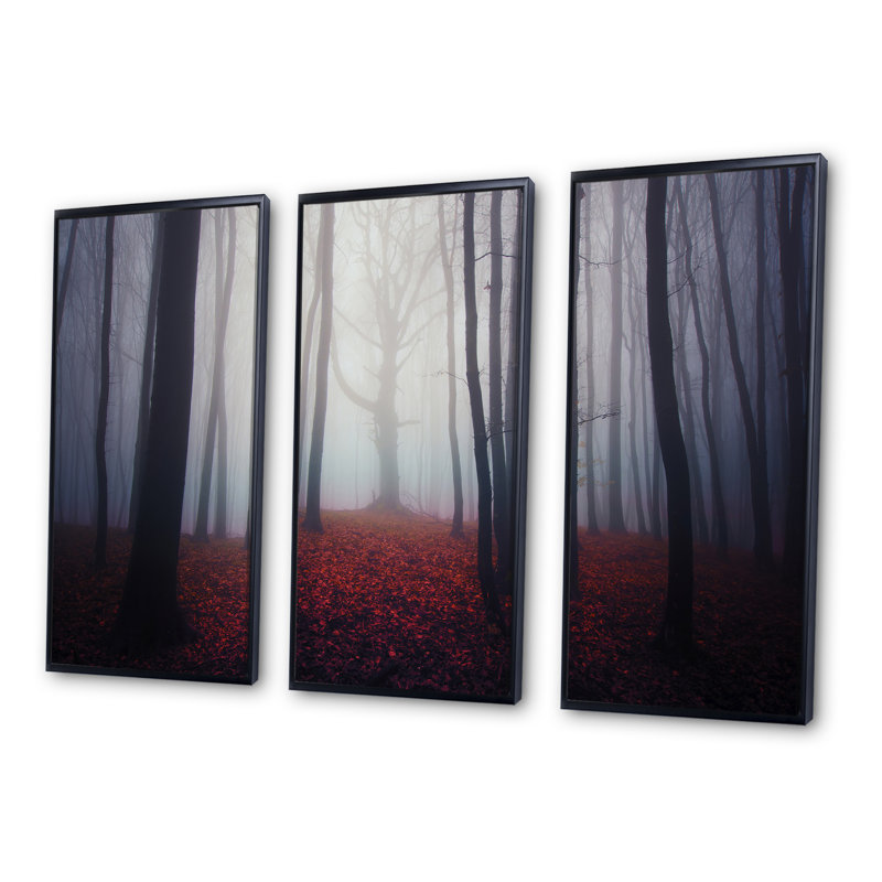 «Dark Spooky Misty Forest», 3 pièces, cadre flottant, impression sur toile, Noir, H 28 po x l 36 po