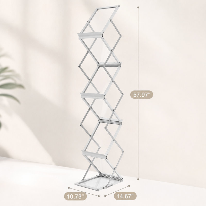 Présentoir à magazines pliable double face en alliage d'aluminium argenté à 6 poches, portable, pour expositions/hôtels.
