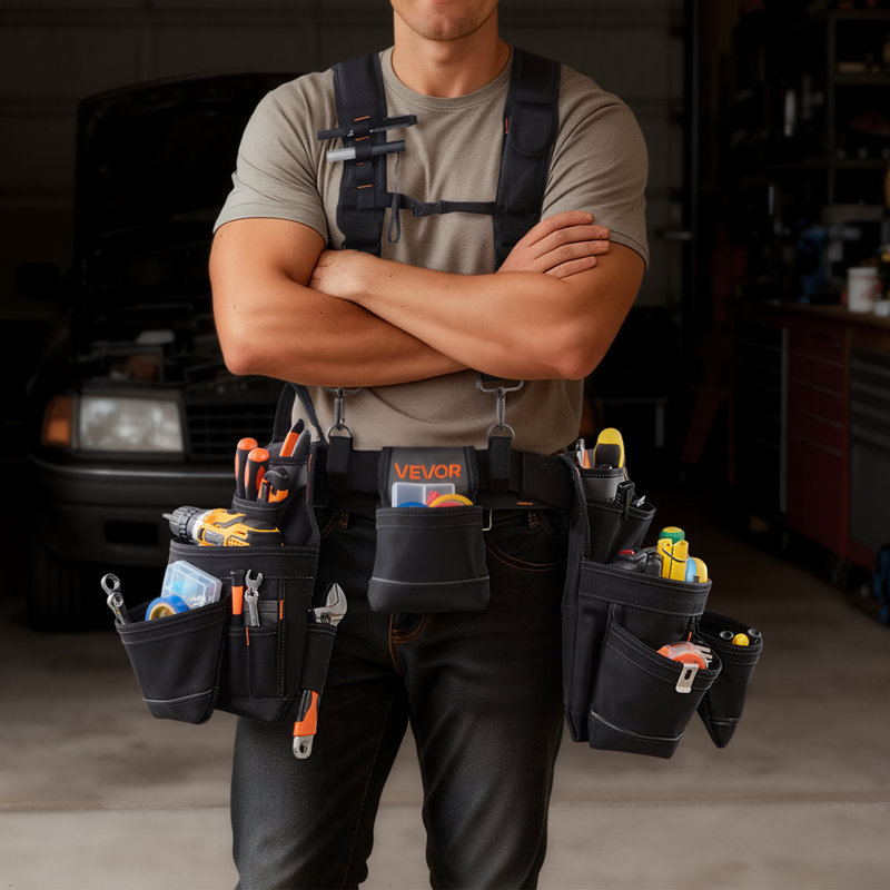 Tool Belt, 19 Pockets Tool Pouch with Suspenders for Men, Heavy Duty Adjustable Utility Belt Work Bag Detachable Suspension Rig for Electrician, Carpenter, Construction, Adjust Waist 31 to 51in