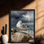 Art mural rétro noir encadré de mouette sur la plage, impressions de style rétro-531199037
