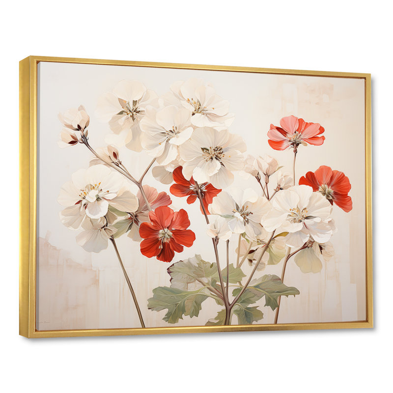 «Minimalisme rouge et beige géraniums», reproduction sur toile, Cadre flottant doré, H 12 po x l 20 po x P 1 po