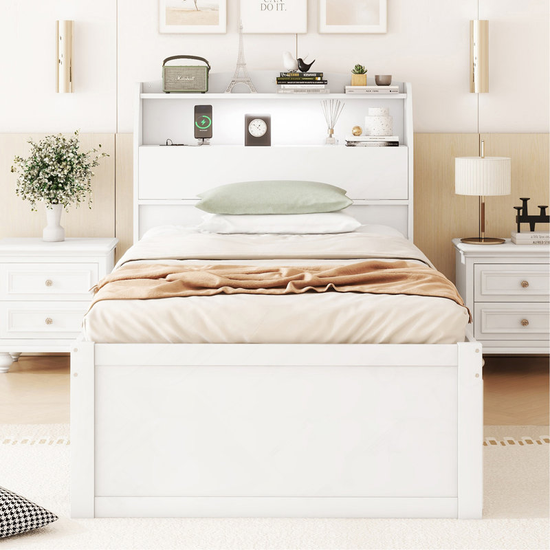 Lit plateforme simple en bois avec lit gigogne, tête de lit et tiroirs