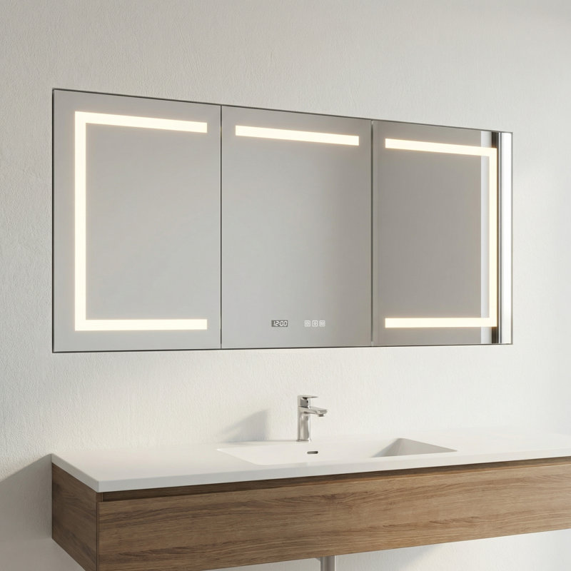 Armoire à pharmacie 60 po x 30 po de haut rectangulaire en aluminium encastrée / à fixation en surface avec miroir, éclairage DEL et horloge, argent