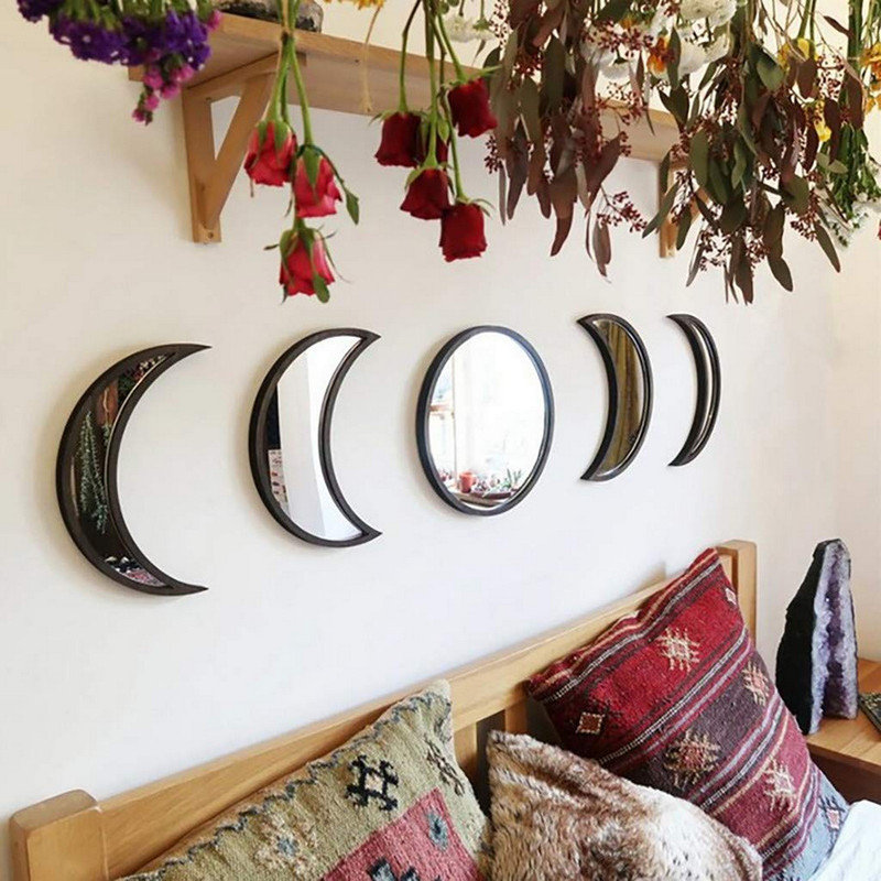 5 Pieces Wooden Moon Phase Mirror Bohemian Wall Decoration f-Not Real Mirror, Black