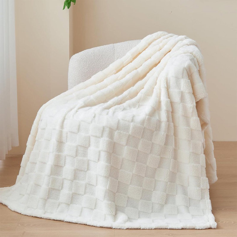  Soft And Cozy Checkered Fleece Throw Blanket For Bed & Sofa., 40" W x 60''L, White