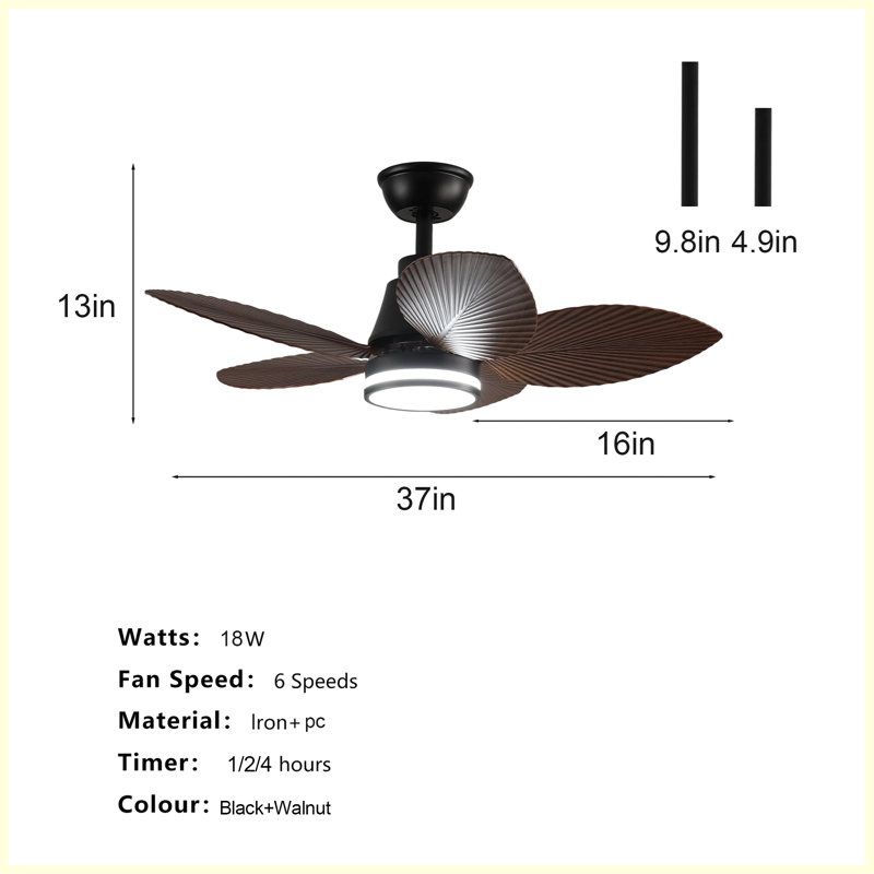 Ventilateur de plafond de 37 pouces avec lumière, 3 pales en ABS en forme de feuille, télécommande, moteur à courant continu réversible à 6 vitesses pour le salon, la chambre à coucher et la salle à manger