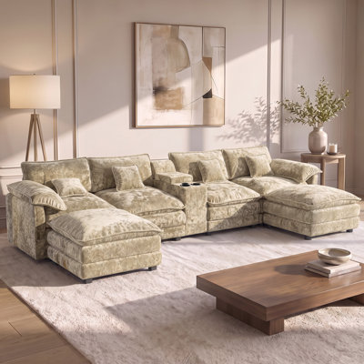 Oversized Chenille U Shaped Sectional Sofa With Double Chaises USB Console And Ottomans