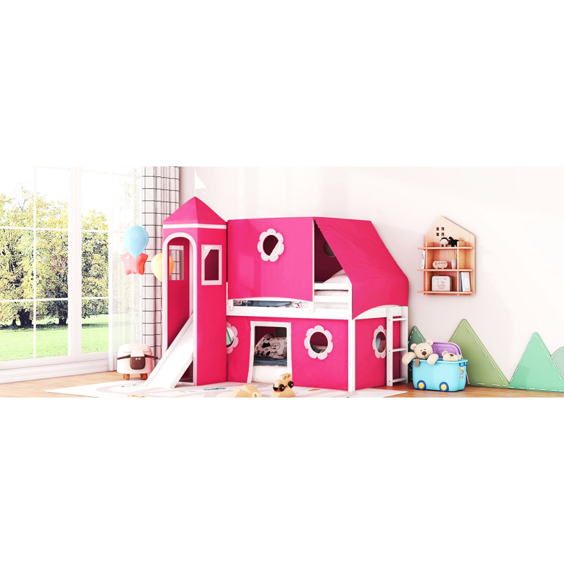 Lit mezzanine simple rose avec tente et tour à glissière
