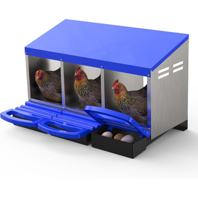 Boîte de nidification à 3 compartiments pour poulets, nid en acier galvanisé avec collection d'œufs roulants, toit d'aération imperméable et plateaux amovibles, fixation murale et autoportante, bleu