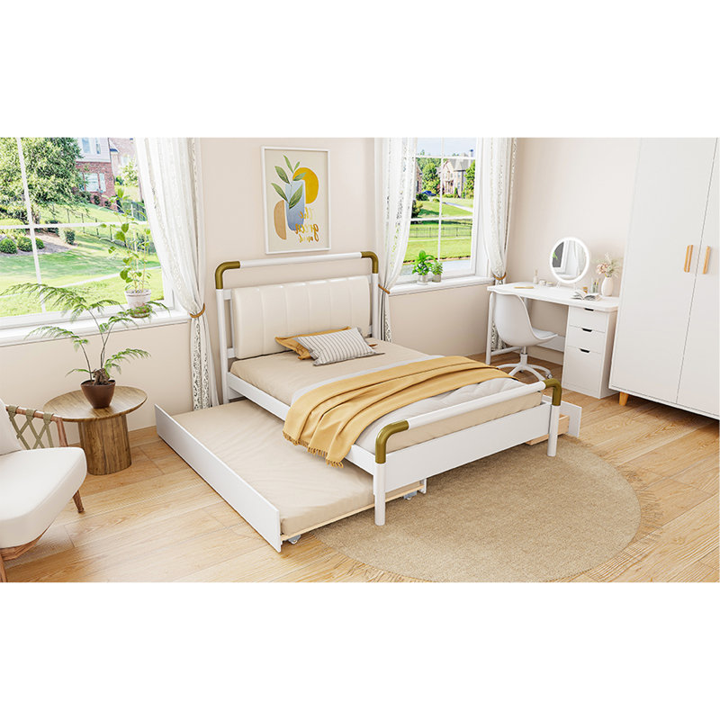 Grand lit plateforme en bois avec 2 grands tiroirs, lit gigogne T-XL, blanc, White