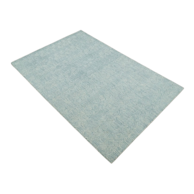 TAPIS DE ZONE MODERNE À LA MAIN EN LAINE ET BLEU MODERNE, Rectangle 5 pi x 8 pi