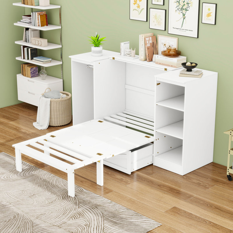 Lit escamotable simple avec garde-robe et tablettes, tiroir