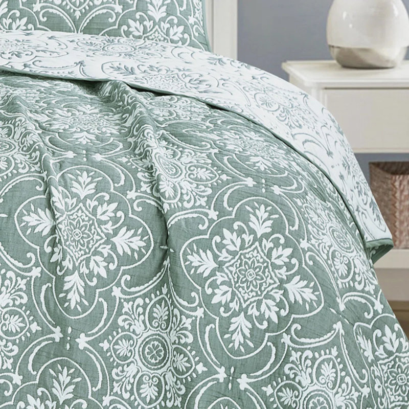 Ensemble de couvre-lit 3 pièces en mélange de coton vert moderne, Courtepointe pour lit grand + deux taies décorati