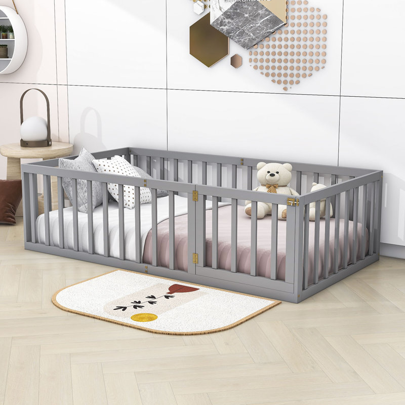 Hajer Wood Platform Bed with Fence and Door, Gray, Twin