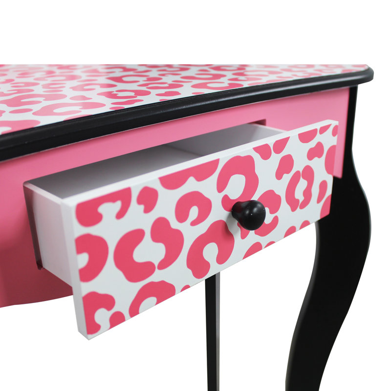 Ensemble de coiffeuse en bois Teamsis pour enfants avec miroir à trois volets, tiroir de rangement, tabouret assorti et table de maquillage pour enfants de 3 ans et plus