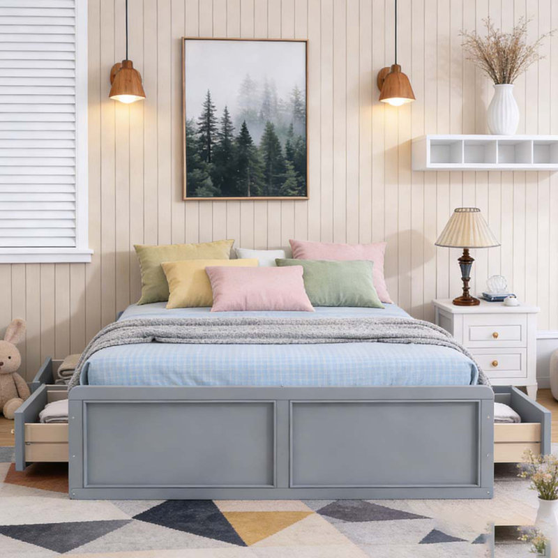 Structure de lit plateforme en bois avec 6 tiroirs, Blanc