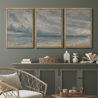 " Stormy Sea Clouds Impressionist Coastal Beach Nautical Blue Ocean Vintage Rustic Art Decor " 3 - Pieces