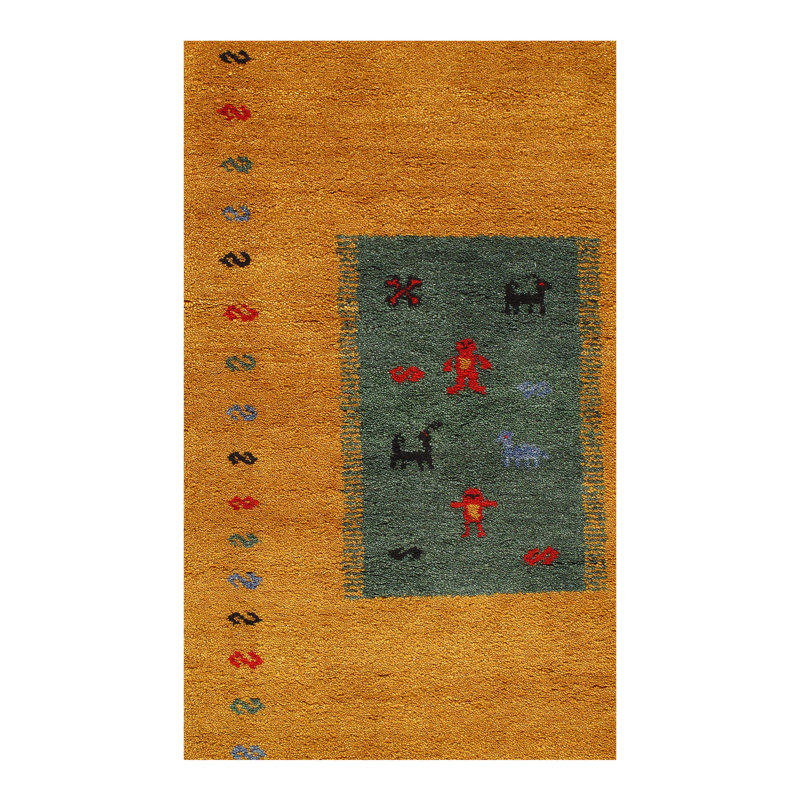 Tapis unique noué à la main or / vert 3 pi x 5 pi Gabbeh
