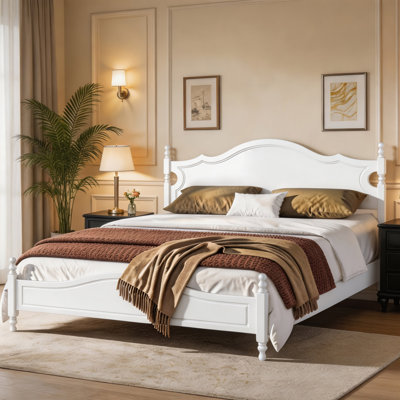 King Size Vintage Platform Bed Frame, Curved Headboard with Turned Spindle Posts, Wooden Slat Support, No Box Spring Needed