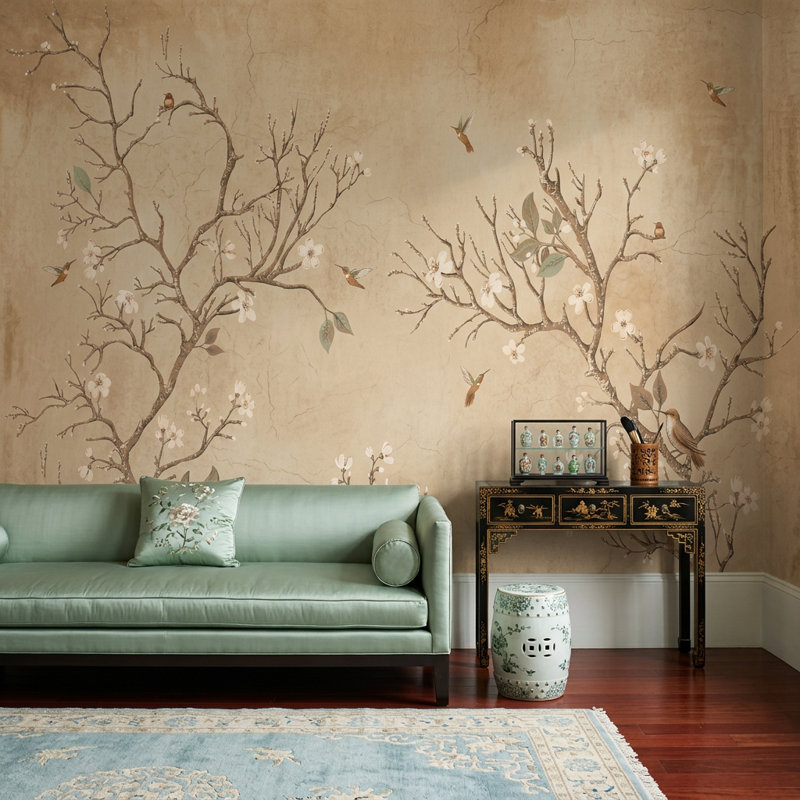 Papier peint vert discret Sage Chinoiserie, Texturé non collé, 120 po x 96 po
