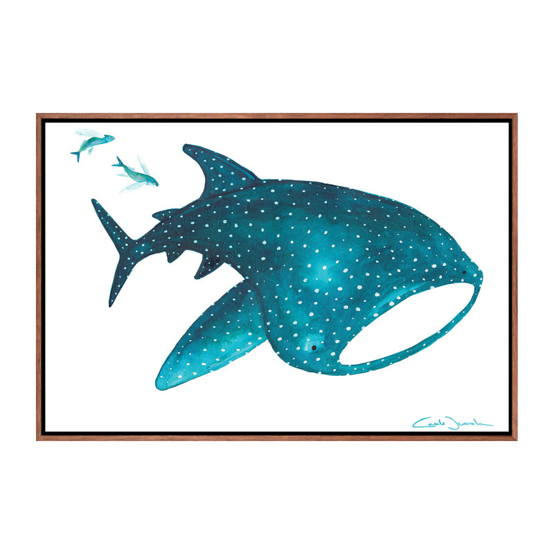 " Whale Shark And Fishes ", No Mat, 18" H x 26" W x 1.5" D, Brown Framed Canvas