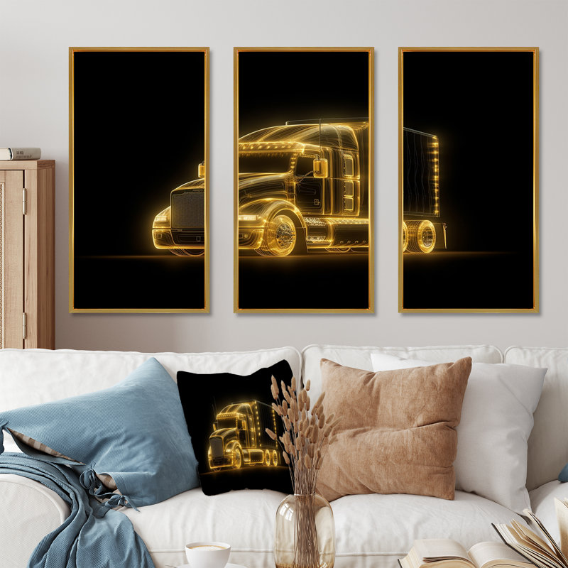 Neon Light Strips Trailer Truck - Car / Van, ensemble d'art sur toile, Cadre flottant doré, H 40 po x l 60 po x P 1 po