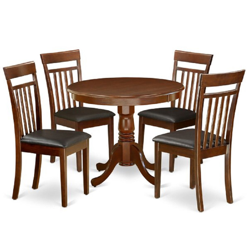 5 Piece Dining Set for 4 Includes a Round Kitchen Table with Pedestal and 4 Faux Leather Dining Room Chairs, Mahogany