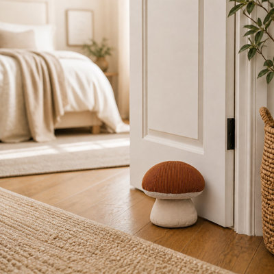 Rust Mushroom Door Stop, Sand Filled Weighted Corduroy Doorstop with Cotton Canvas Stem, Freestanding Doorstopper for Bedroom Nursery Office Hallway