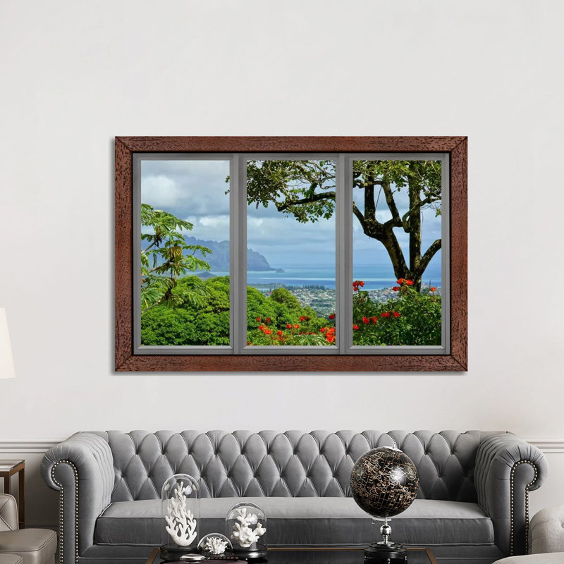 Hawaii Window View - Floater Frame Print on Canvas, Brown Framed