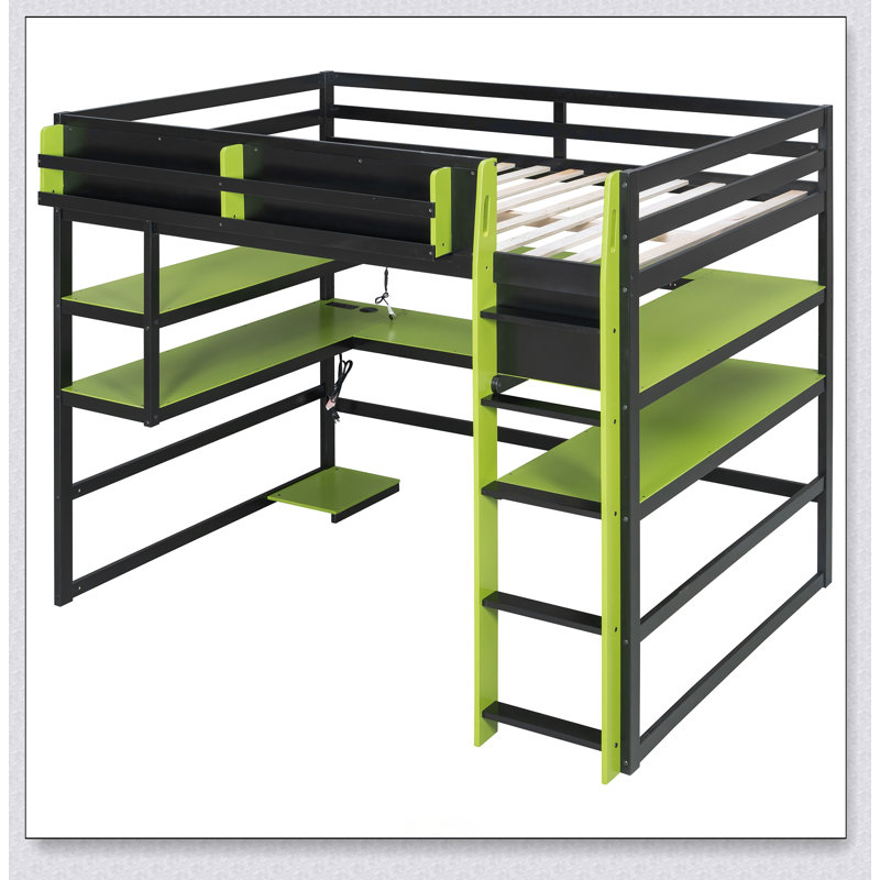 Wood Loft Bed With Desk,Side Storage Rack,Multi-Storage Shelves And RGB Light, Noir / Vert, Lit double