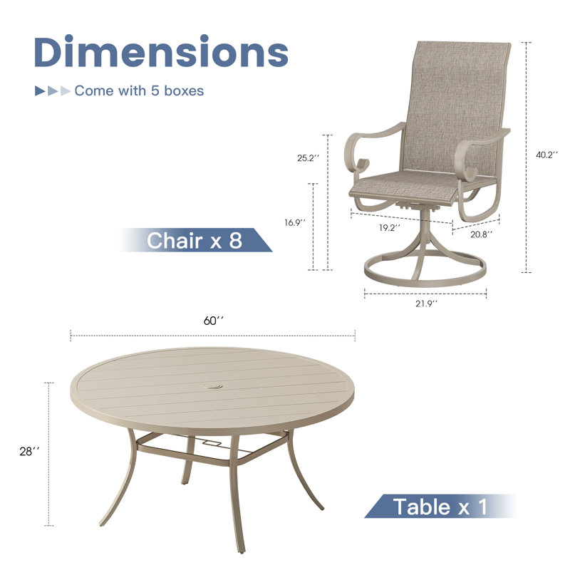 Ensemble de salle à manger rond Hereth de 60 pouces pour patio avec 8 chaises pivotantes en textilène