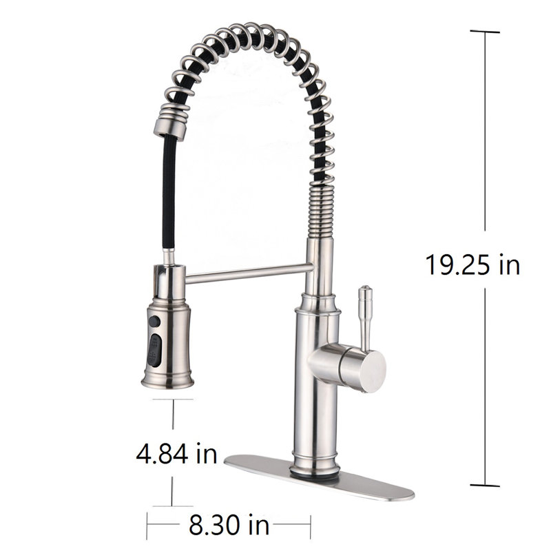 Robinet de cuisine rétractable à poignée simple avec plaque de pont, Nickel brossé