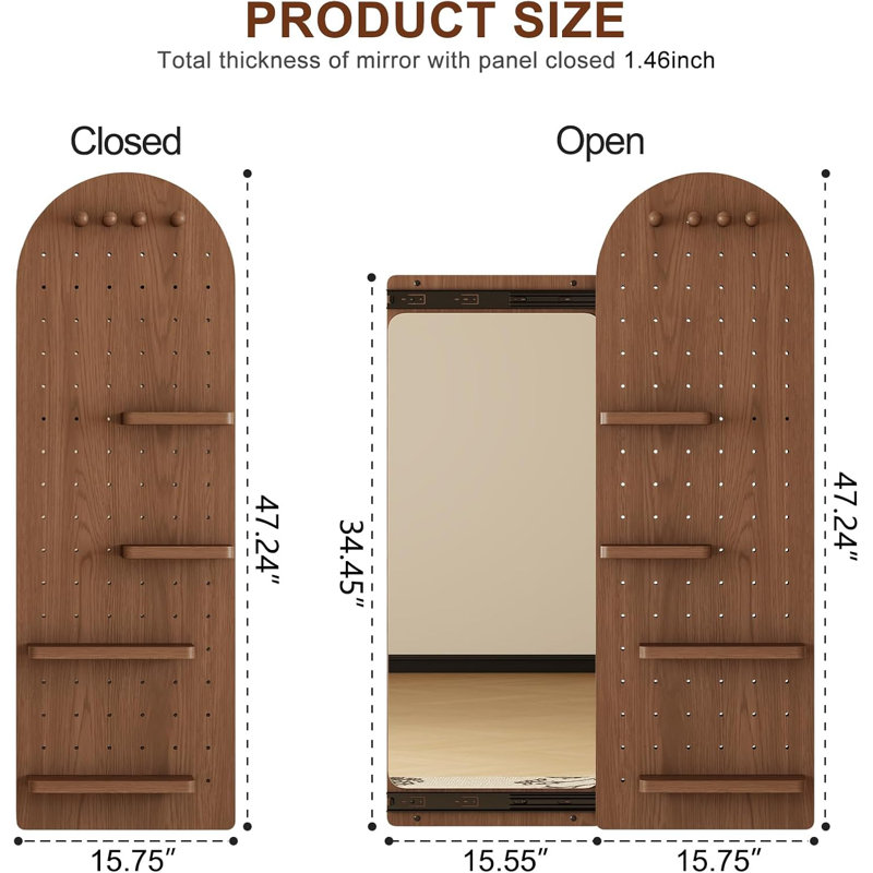 Organisateur de panneau perforé à miroir en bois massif avec tablettes et crochets muraux