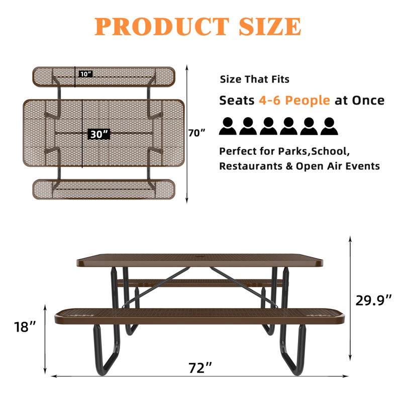 72" Expanded Metal Rectangular Picnic Table