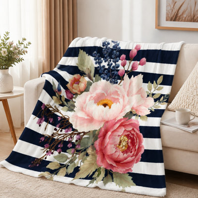 Plaid à rayures florales, motif pivoines aquarelle, ultra doux, léger, respirant, toutes saisons, agréable pour la peau, lavable à la machine, décoratif, pour canapé, fauteuil, salon et chambre
